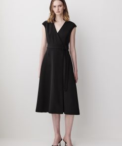 Black Extended-Sleeve V-Neck Wrap Midi Dress
