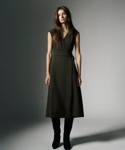 Dark Kalamata Extended-Sleeve V-Neck Wrap Midi Dress