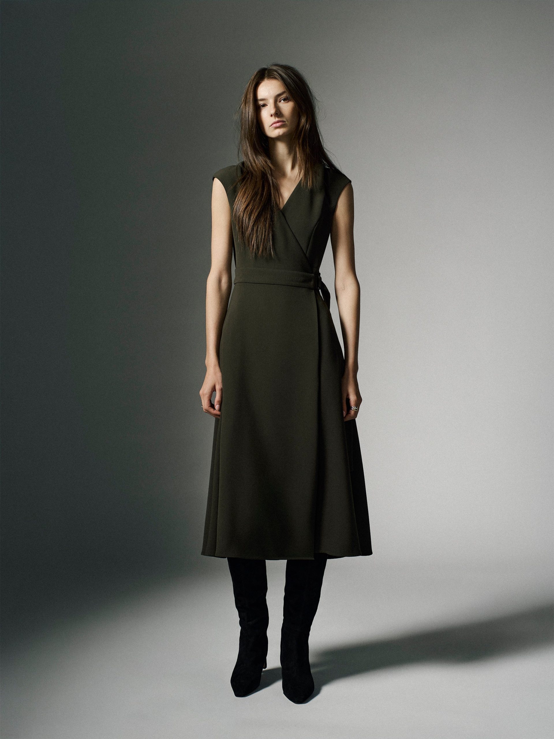 Dark Kalamata Extended-Sleeve V-Neck Wrap Midi Dress
