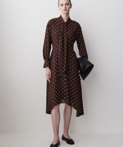 Chocolate Plum & Eggnog Polka Dot Long-Sleeve Midi Dress with Asymmetrical Hem