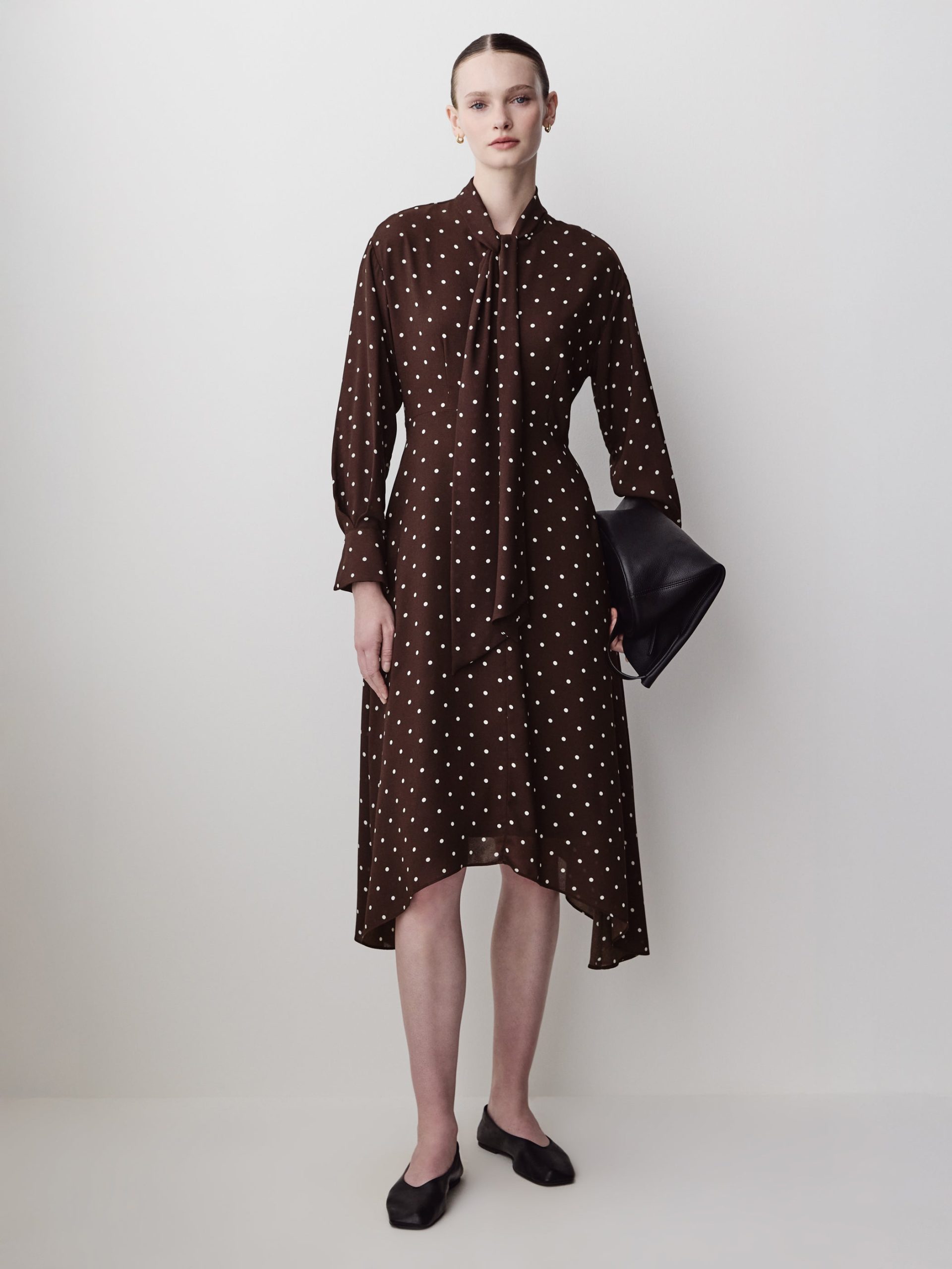 Chocolate Plum & Eggnog Polka Dot Long-Sleeve Midi Dress with Asymmetrical Hem
