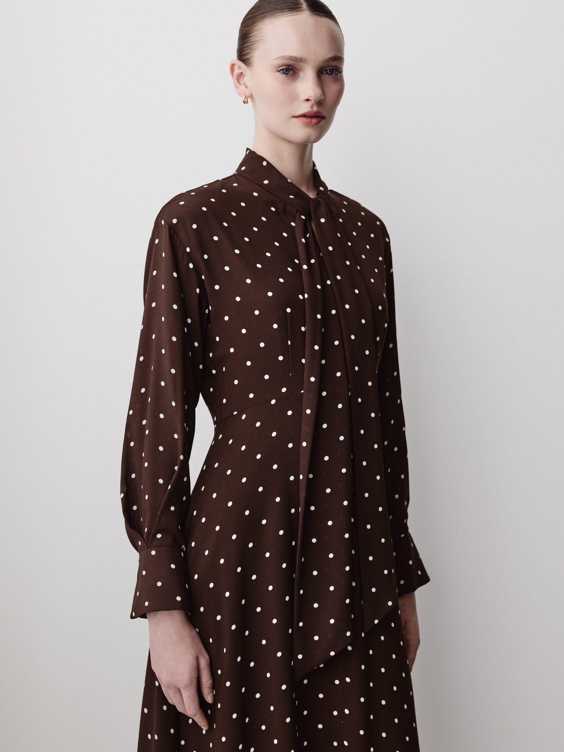 Chocolate Plum & Eggnog Polka Dot Long-Sleeve Midi Dress with Asymmetrical Hem - Image 2