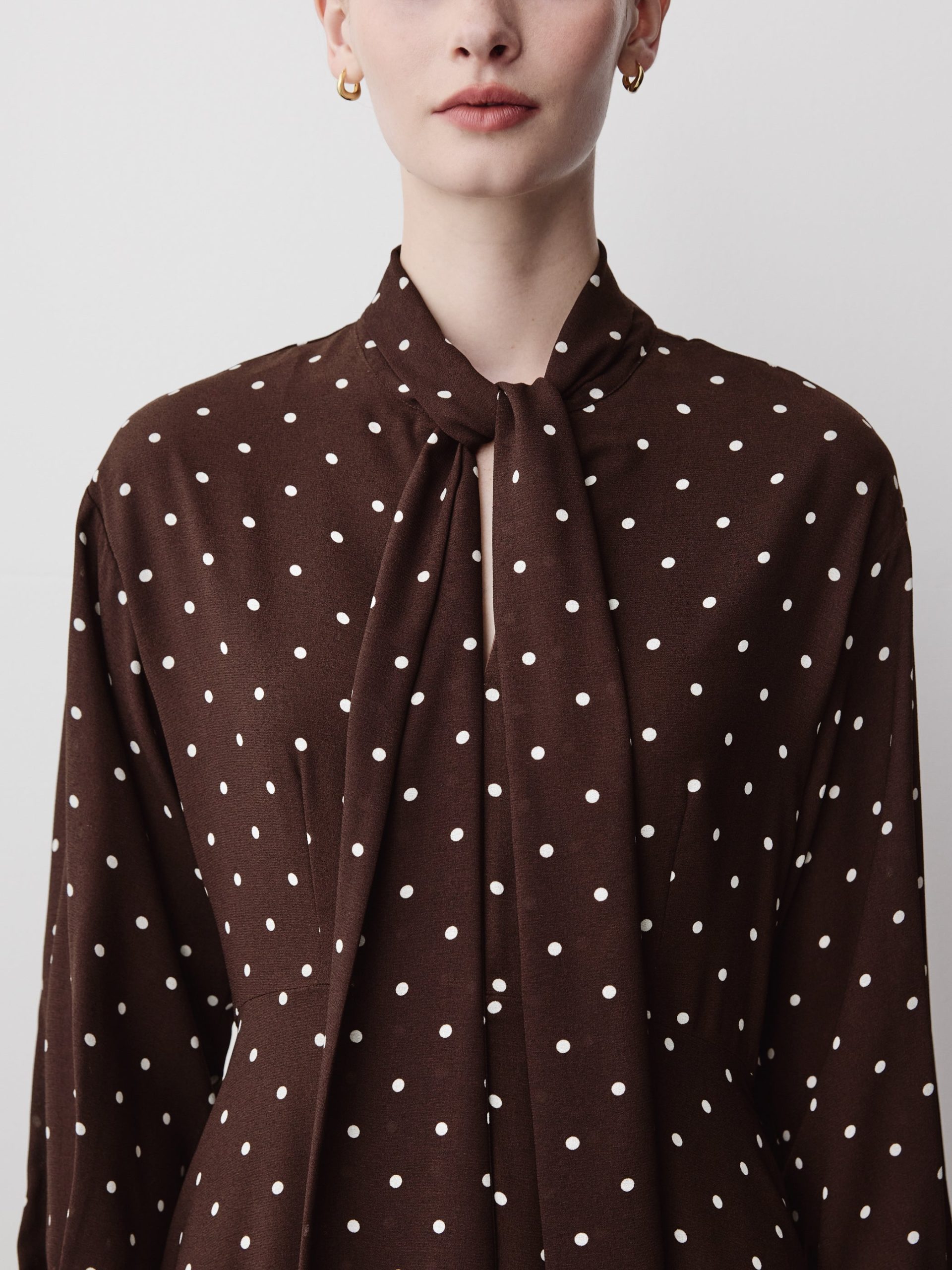 Chocolate Plum & Eggnog Polka Dot Long-Sleeve Midi Dress with Asymmetrical Hem - Image 3