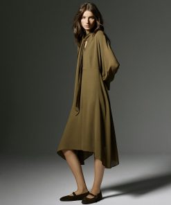 Military Olive Long-Sleeve Midi Dress with Asymmetrical Hem