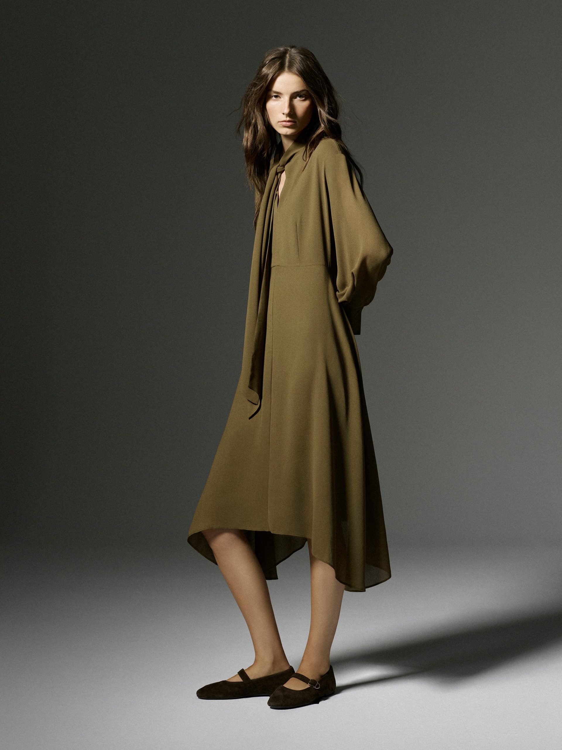 Military Olive Long-Sleeve Midi Dress with Asymmetrical Hem