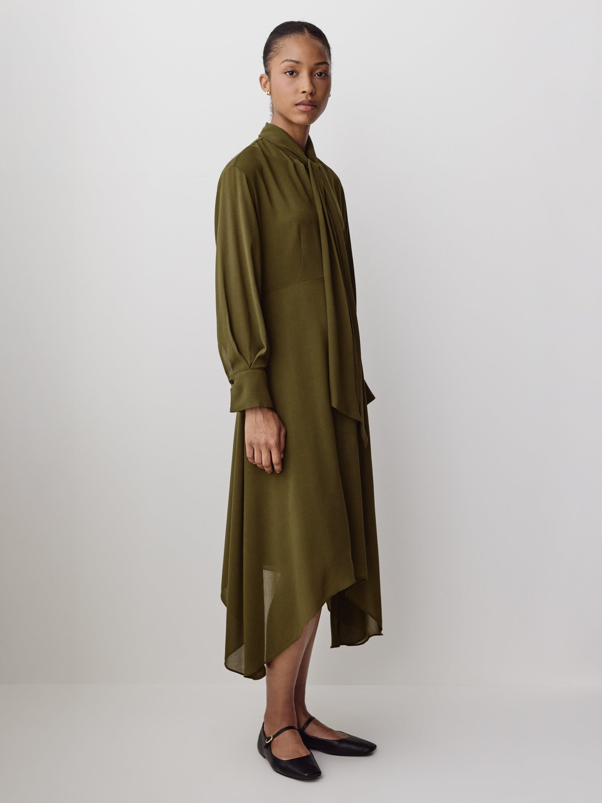 Military Olive Long-Sleeve Midi Dress with Asymmetrical Hem - Image 2