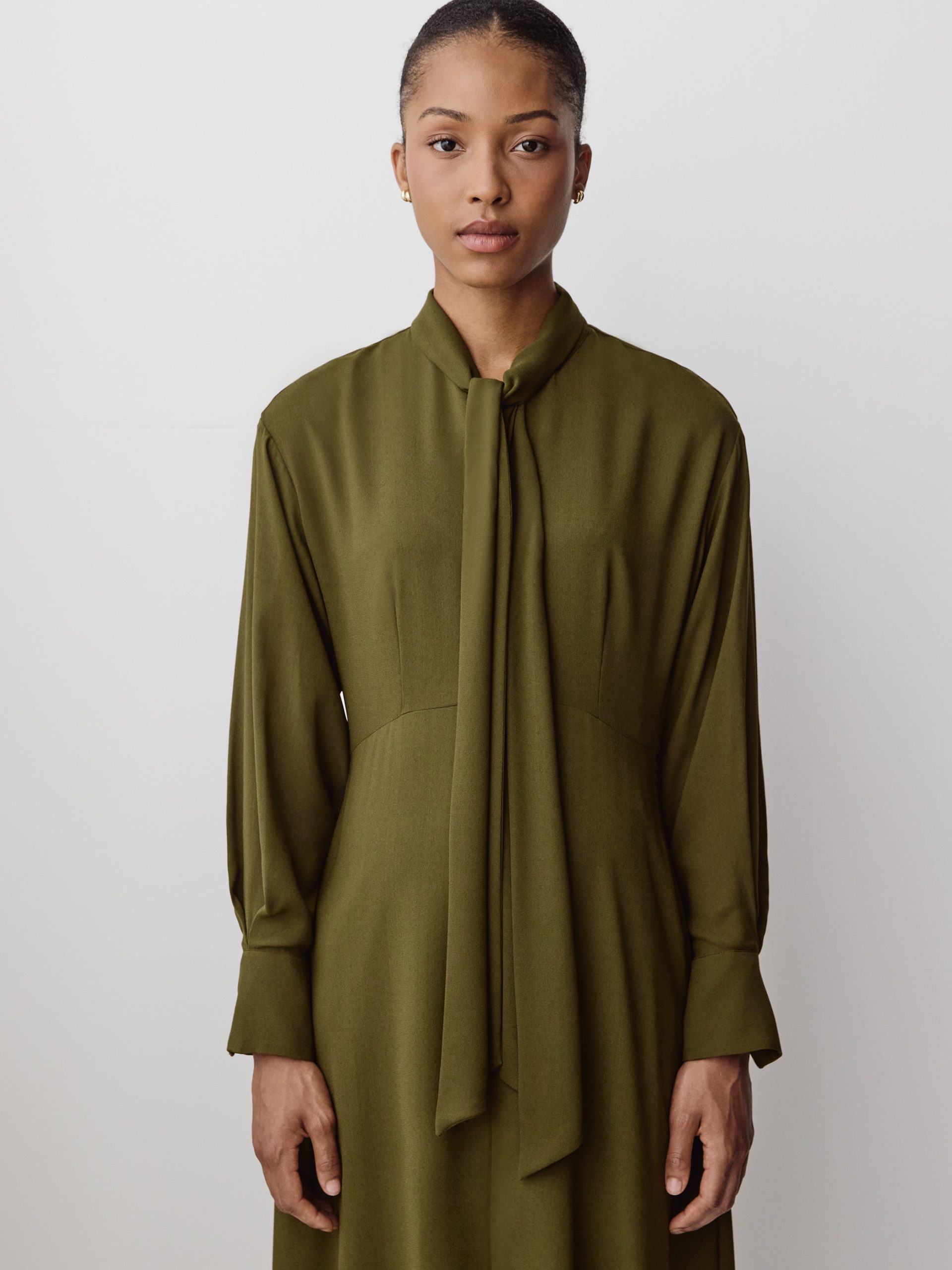 Military Olive Long-Sleeve Midi Dress with Asymmetrical Hem - Image 3