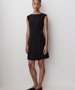 Black Cap-Sleeve Crew-Neck Belted Mini Dress