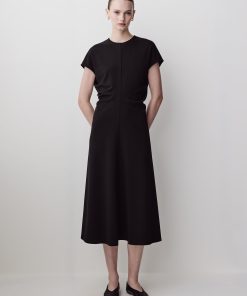 Black Extended-Sleeve Crew-Neck Midi Dress