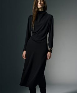 Black Long-Sleeve Mock-Neck Midi Dress