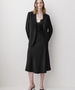 Black Satin Midi Dress with Lace Trim