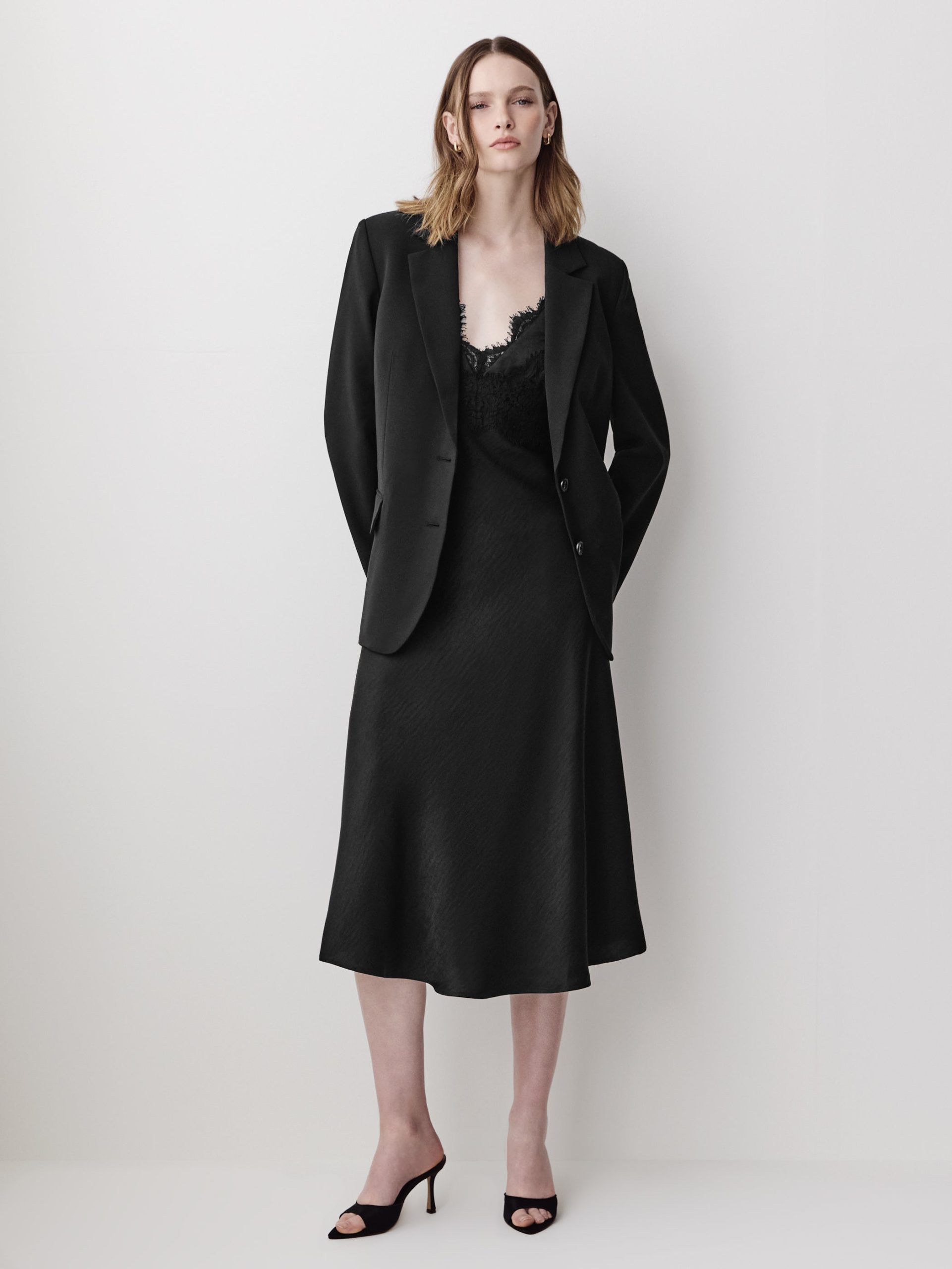 Black Satin Midi Dress with Lace Trim