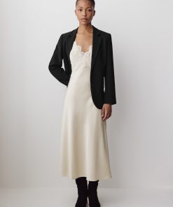 Beige Satin Midi Dress with Lace Trim