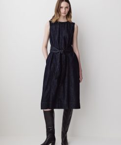 Dark Blue Wash Sleeveless Belted Midi Denim Dress