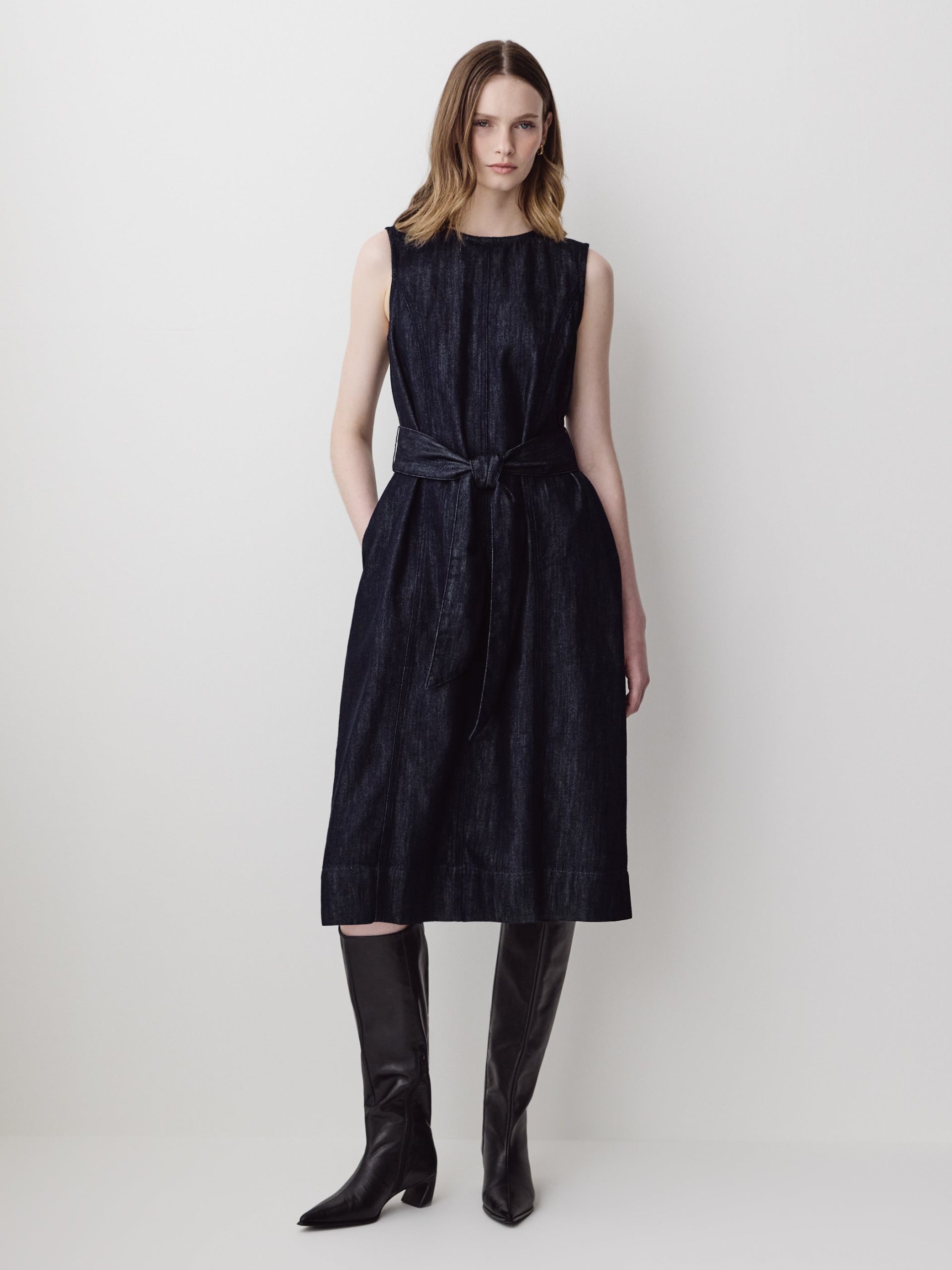 Dark Blue Wash Sleeveless Belted Midi Denim Dress