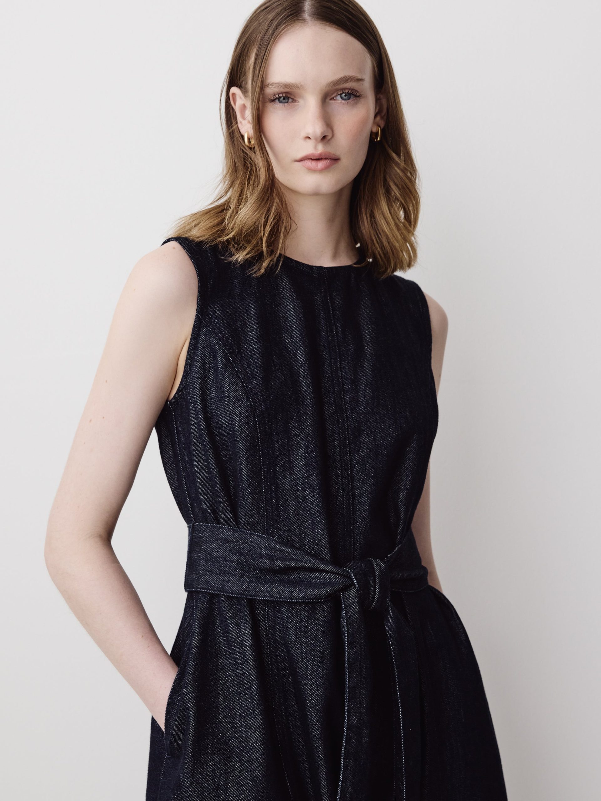 Dark Blue Wash Sleeveless Belted Midi Denim Dress - Image 2