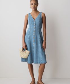 Medium Wash Denim Sleeveless V-Neck Midi Dress