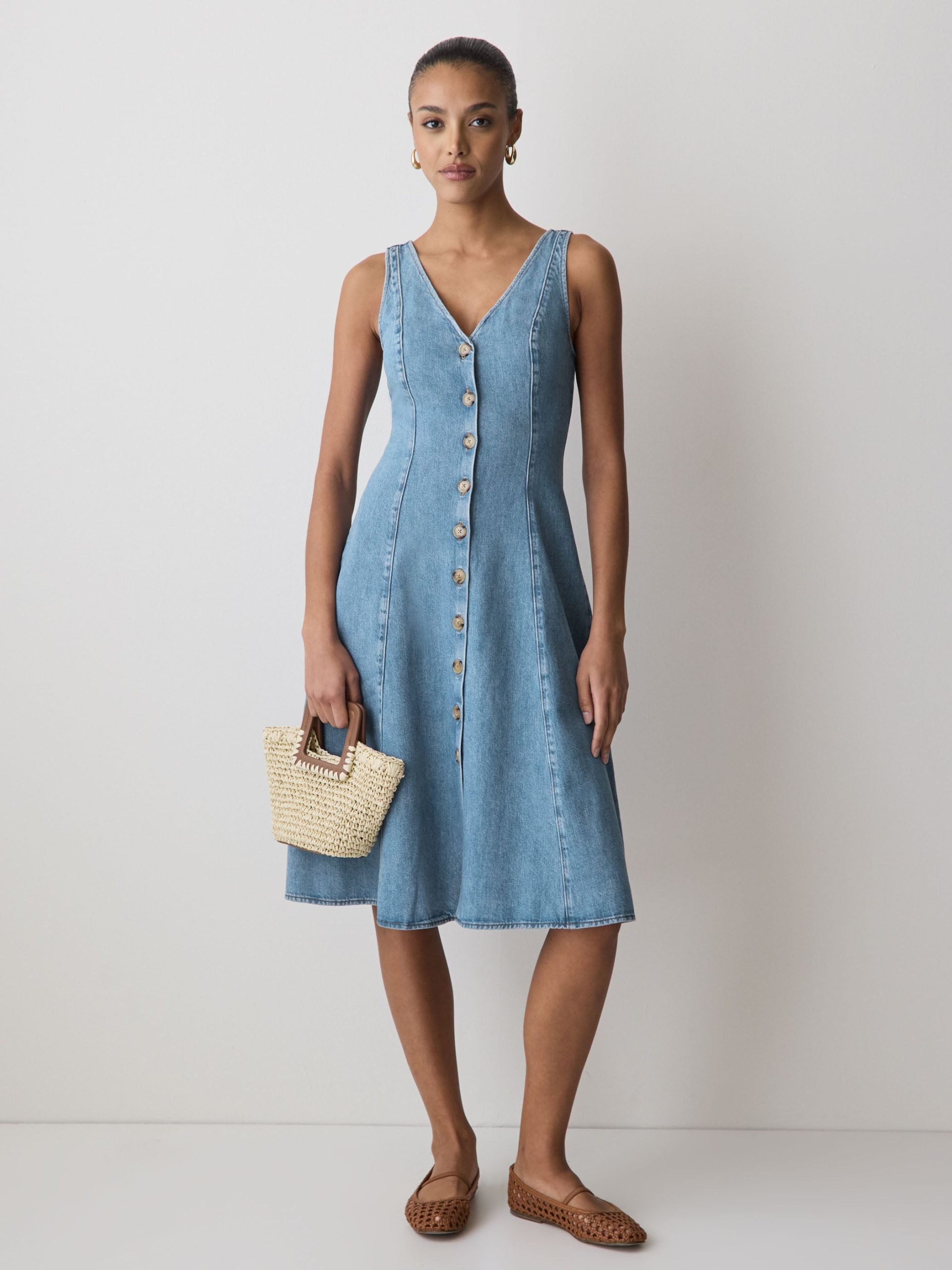 Medium Wash Denim Sleeveless V-Neck Midi Dress