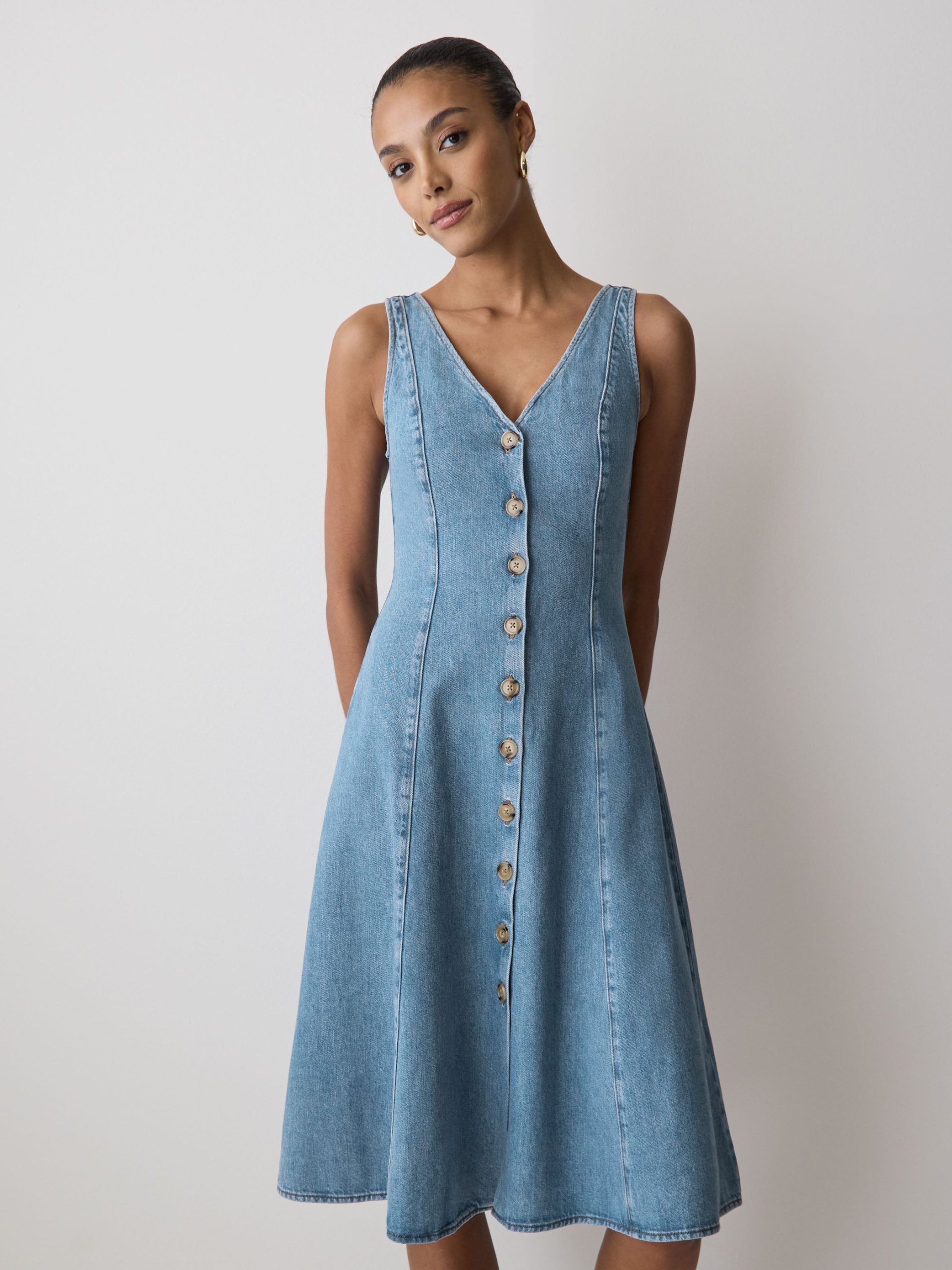 Medium Wash Denim Sleeveless V-Neck Midi Dress - Image 2