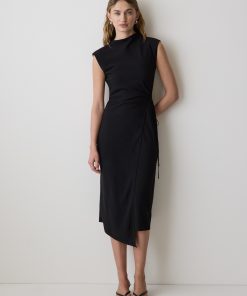 Black Extended-Sleeve Mock-Neck Midi Dress with Wrap Detail
