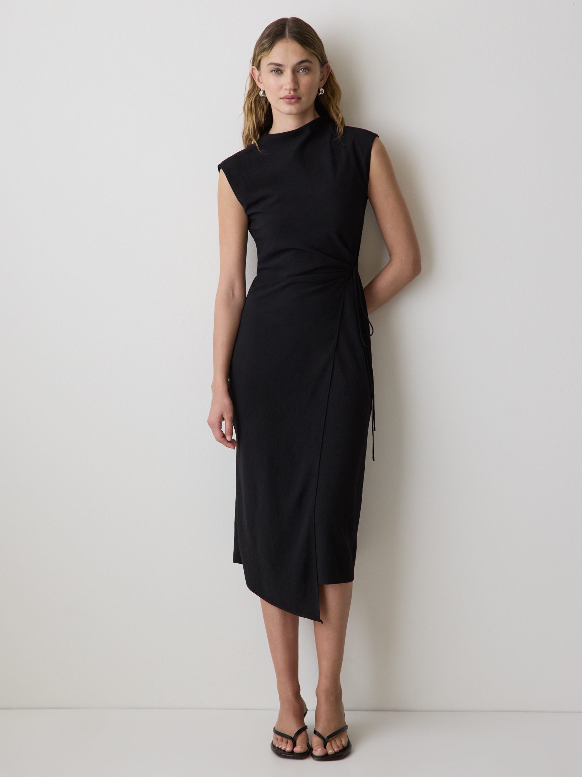 Black Extended-Sleeve Mock-Neck Midi Dress with Wrap Detail