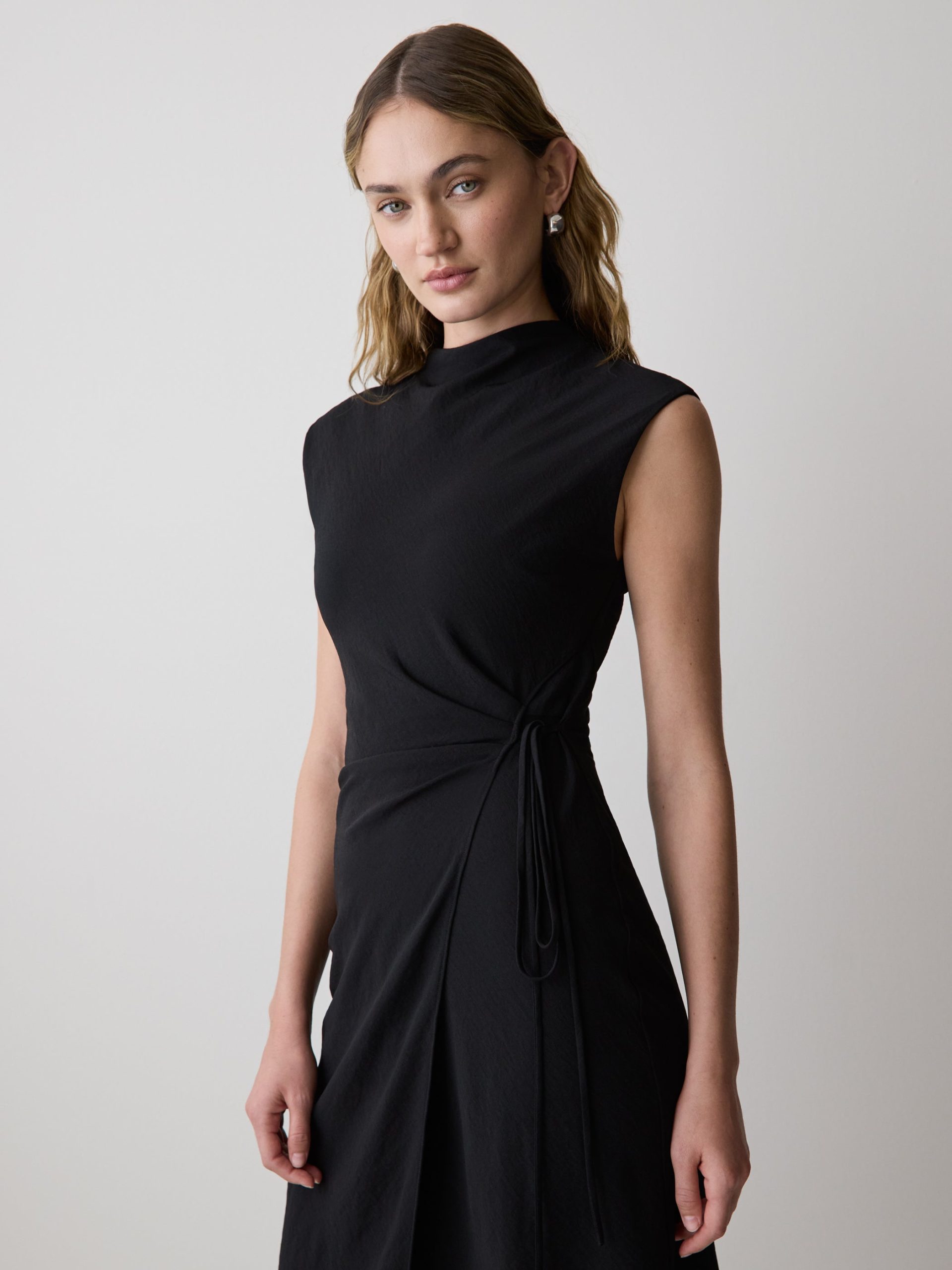 Black Extended-Sleeve Mock-Neck Midi Dress with Wrap Detail - Image 2