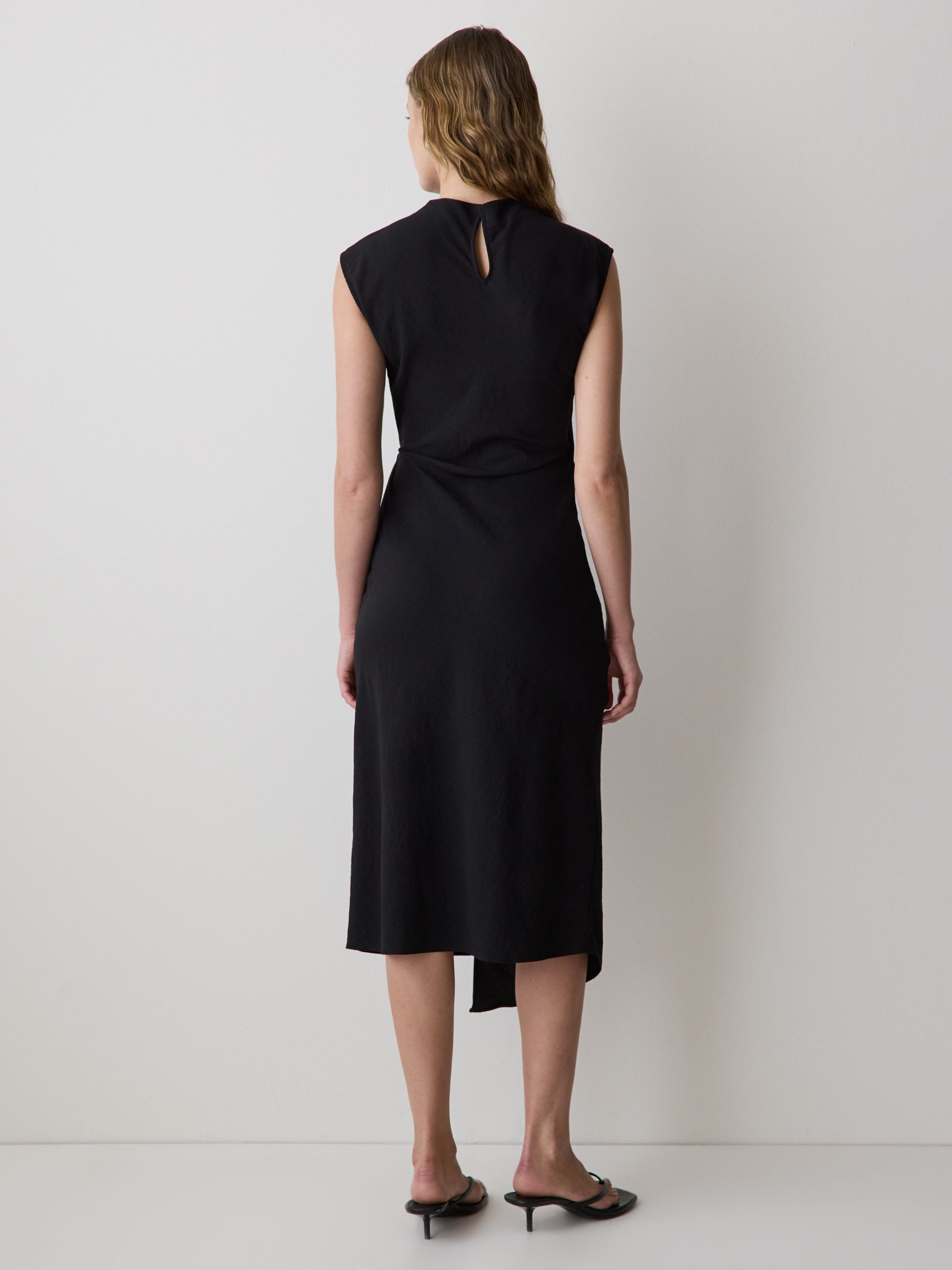 Black Extended-Sleeve Mock-Neck Midi Dress with Wrap Detail - Image 3