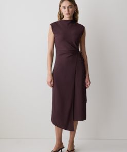 Plum Extended-Sleeve Mock-Neck Midi Dress with Wrap Detail
