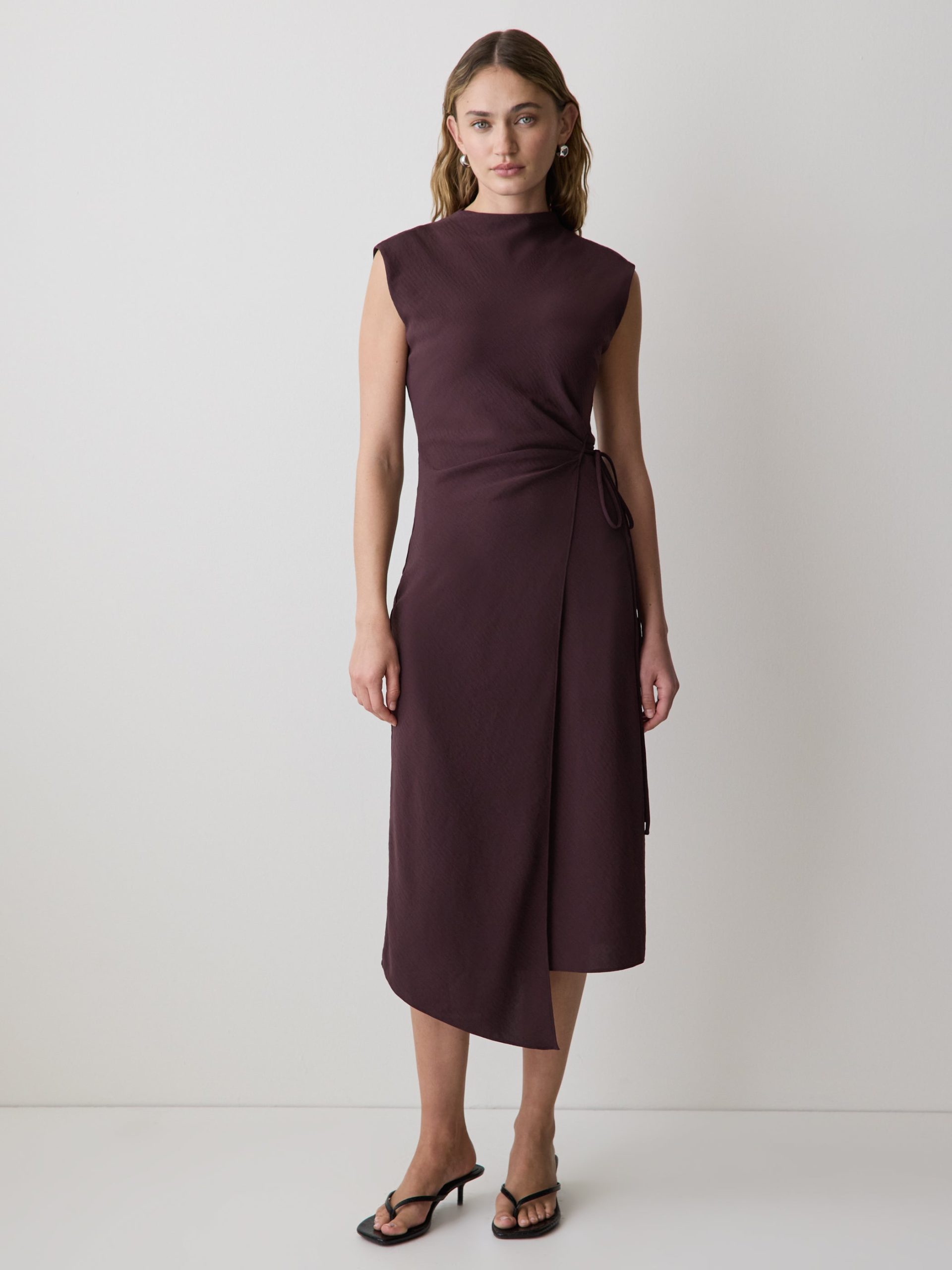 Plum Extended-Sleeve Mock-Neck Midi Dress with Wrap Detail