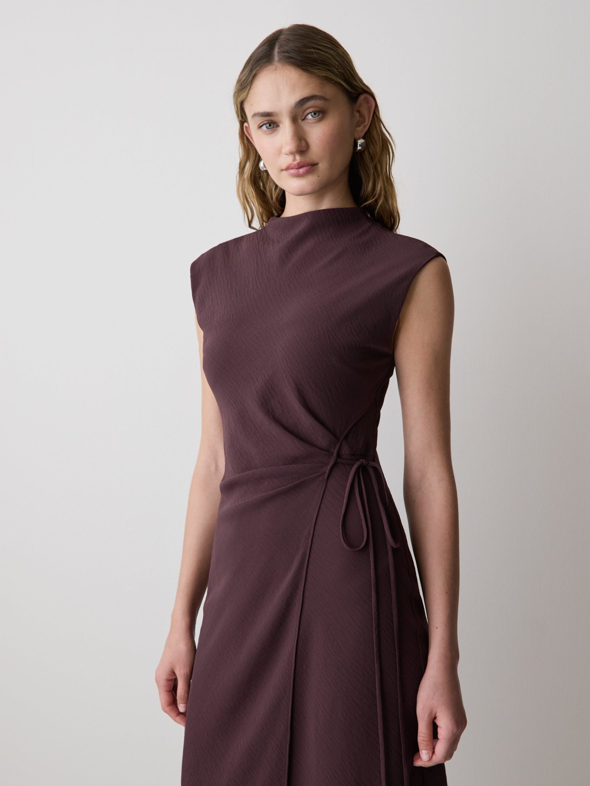 Plum Extended-Sleeve Mock-Neck Midi Dress with Wrap Detail - Image 2