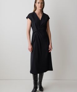 Black Extended-Sleeve V-Neck Twill Midi Dress