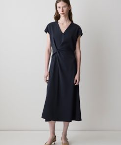 Night Sky Extended-Sleeve V-Neck Twill Midi Dress