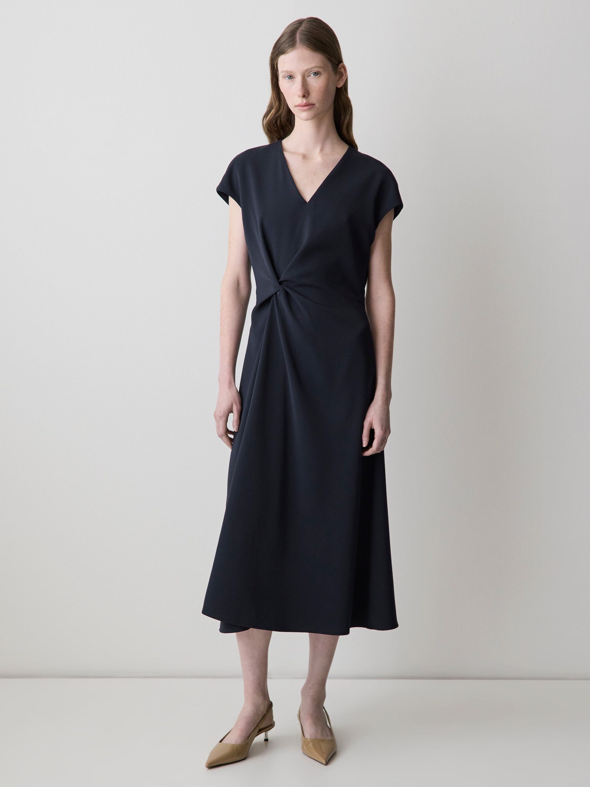 Night Sky Extended-Sleeve V-Neck Twill Midi Dress