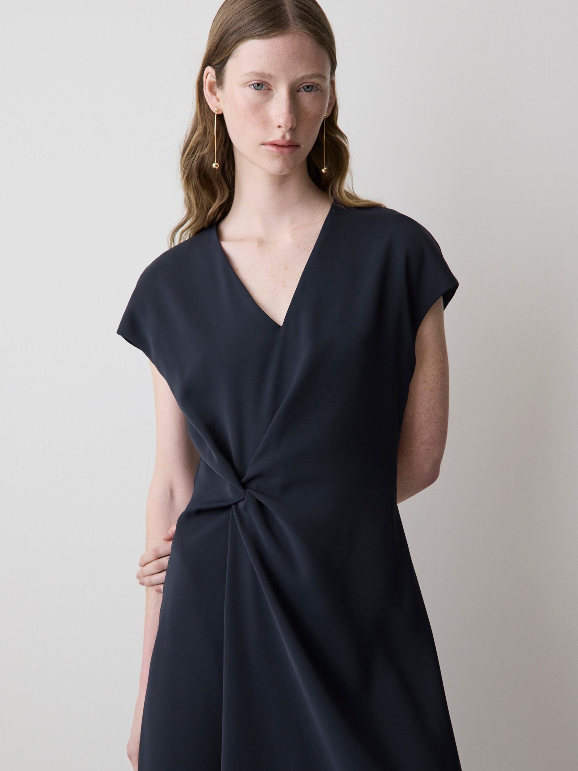 Night Sky Extended-Sleeve V-Neck Twill Midi Dress - Image 2