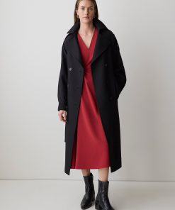 Winery Extended-Sleeve V-Neck Twill Midi Dress
