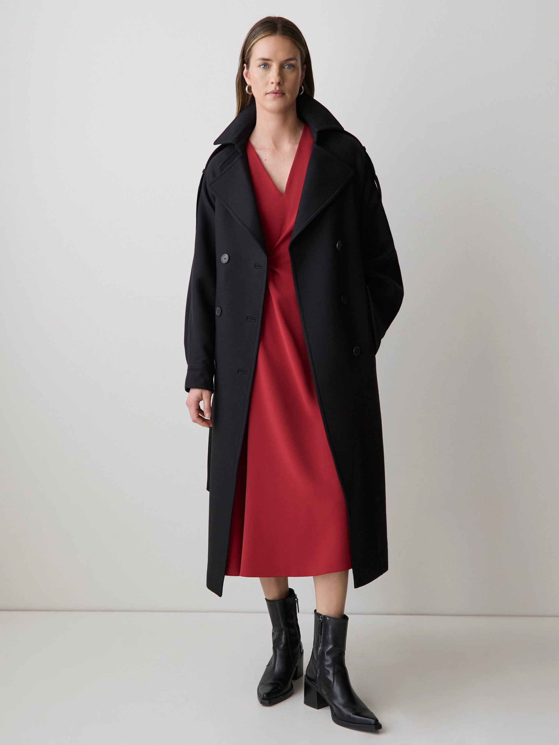 Winery Extended-Sleeve V-Neck Twill Midi Dress