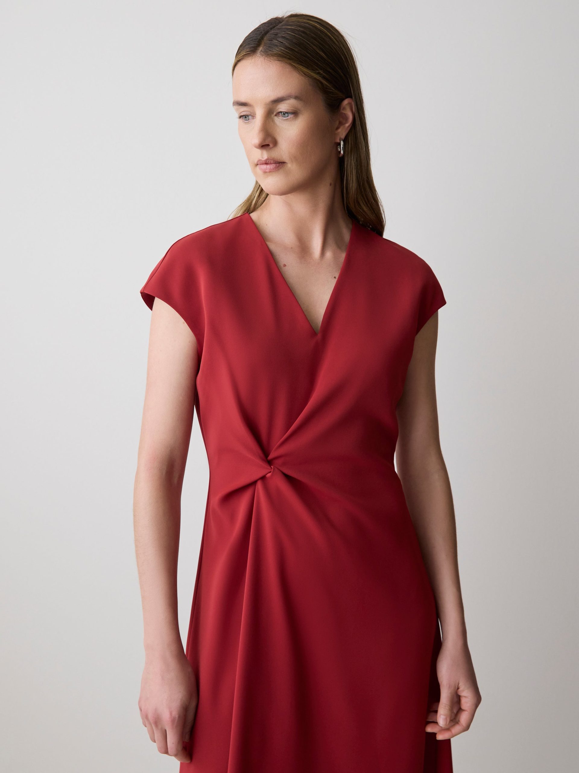 Winery Extended-Sleeve V-Neck Twill Midi Dress - Image 2