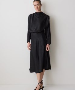 Black Satin Long-Sleeve Draped Midi Dress