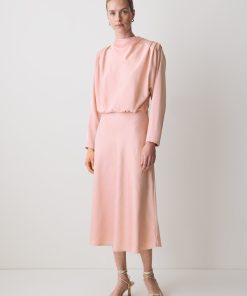 Pink Satin Long-Sleeve Draped Midi Dress
