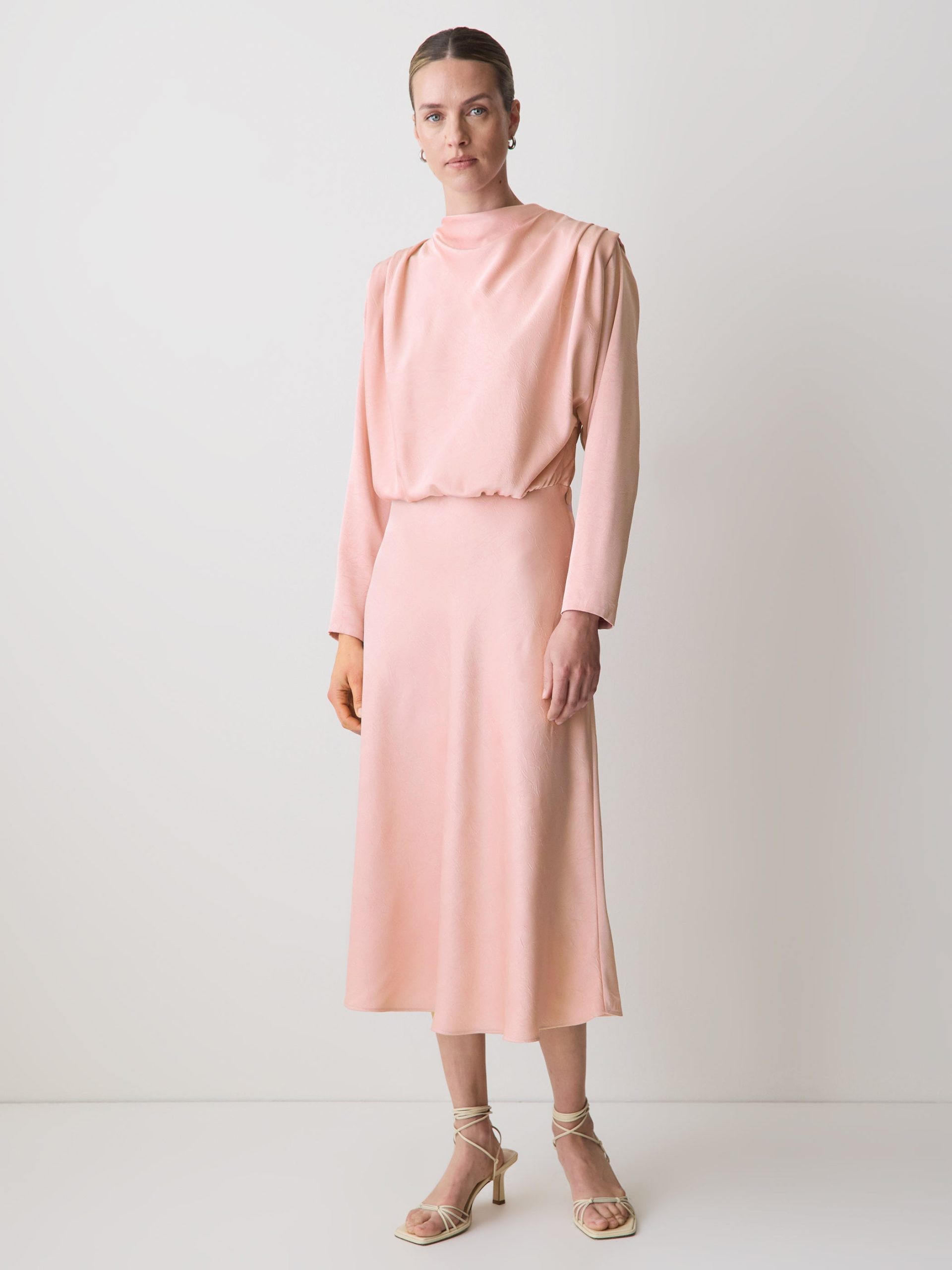 Pink Satin Long-Sleeve Draped Midi Dress