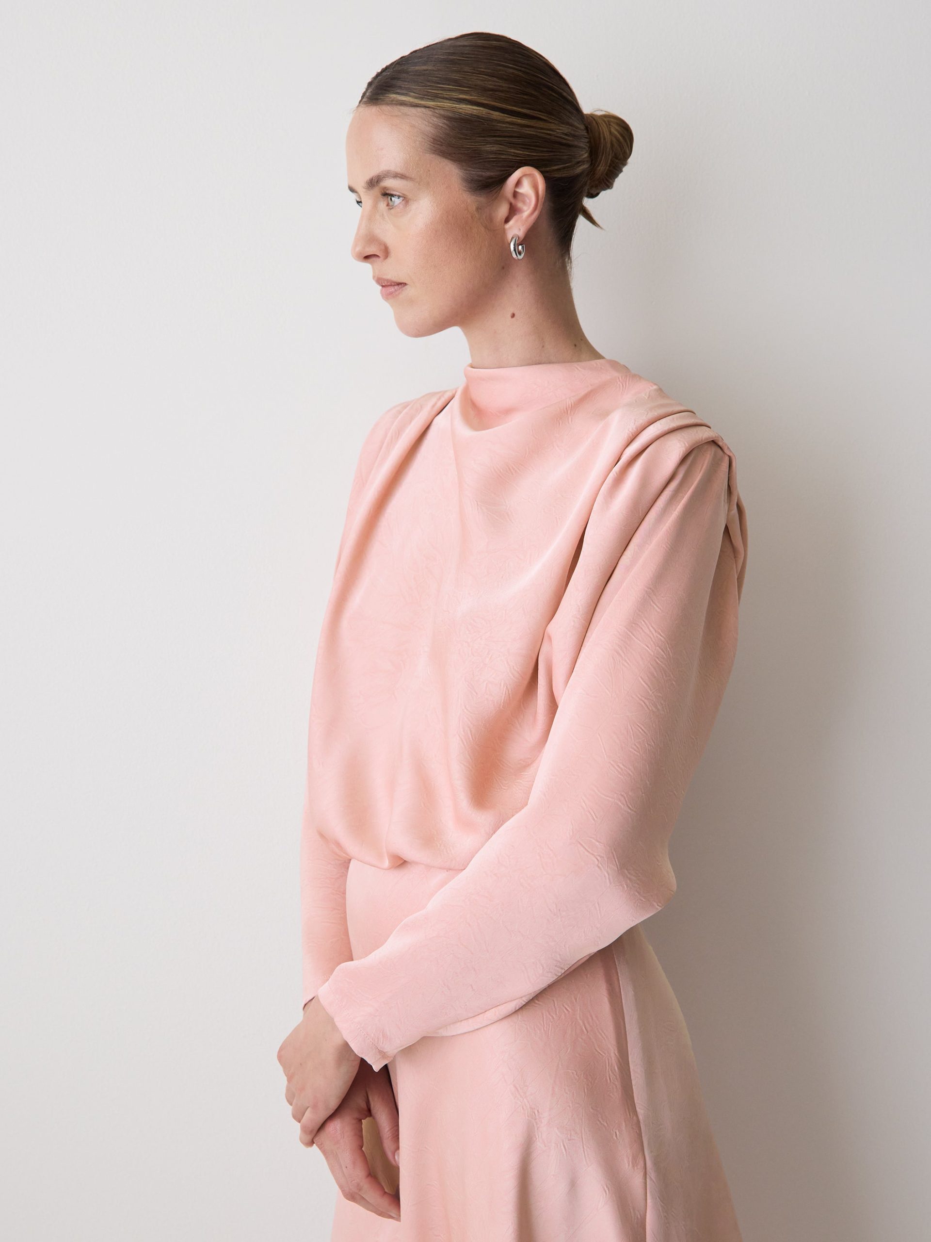 Pink Satin Long-Sleeve Draped Midi Dress - Image 2