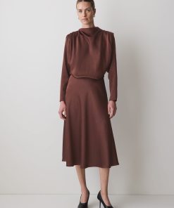 Burgundy Satin Long-Sleeve Draped Midi Dress