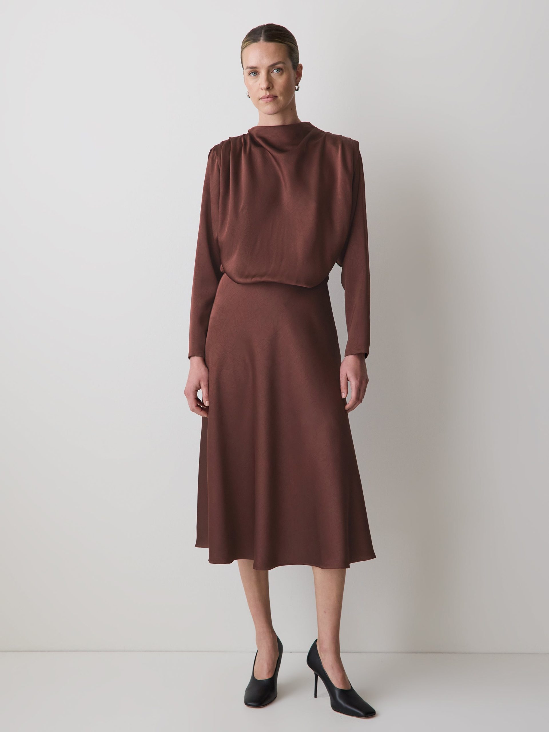 Burgundy Satin Long-Sleeve Draped Midi Dress