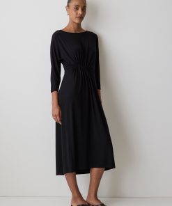 Black 3/4-Sleeve Cowl-Neck Dress with Shirred Waist