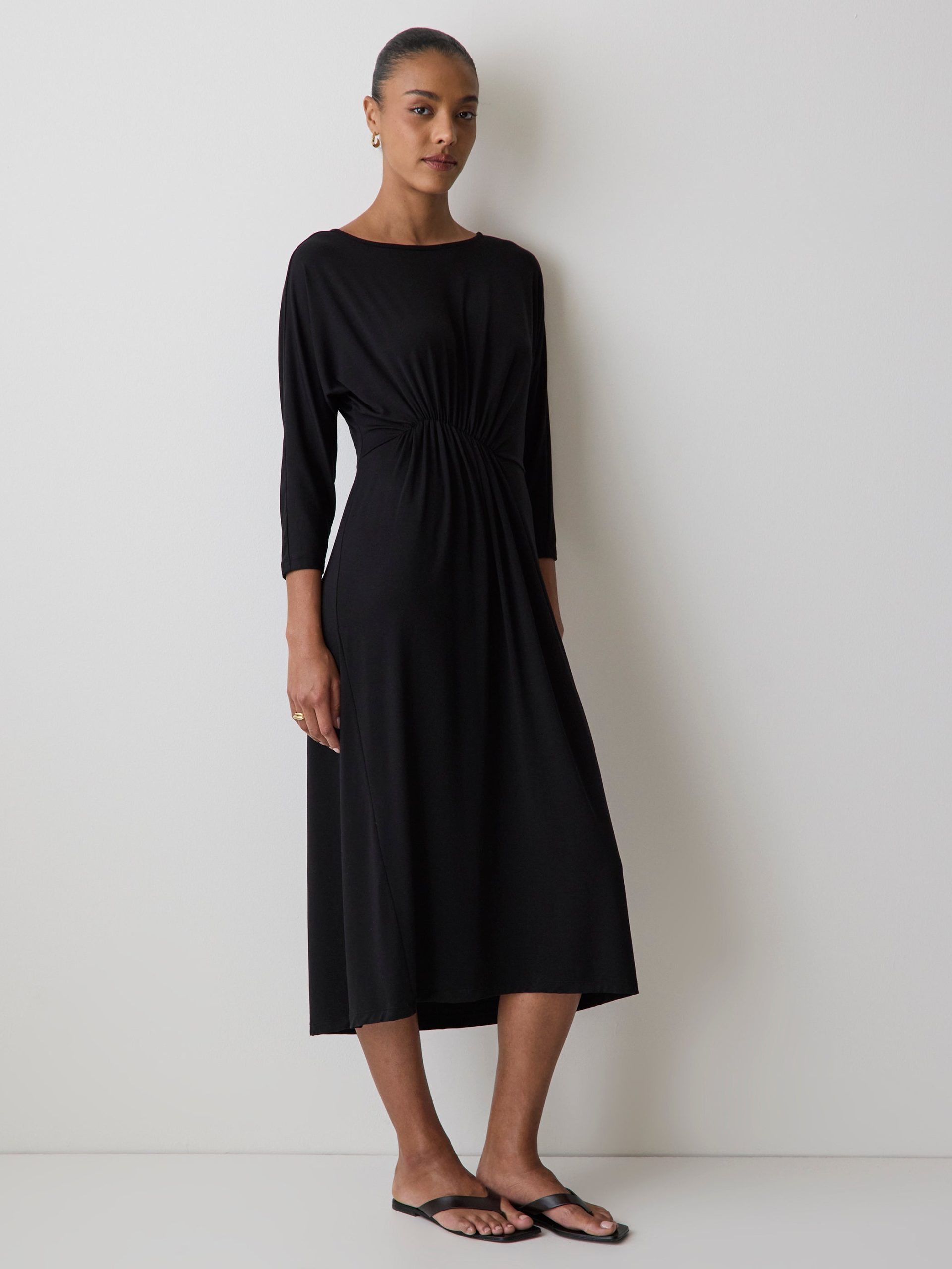 Black 3/4-Sleeve Cowl-Neck Dress with Shirred Waist