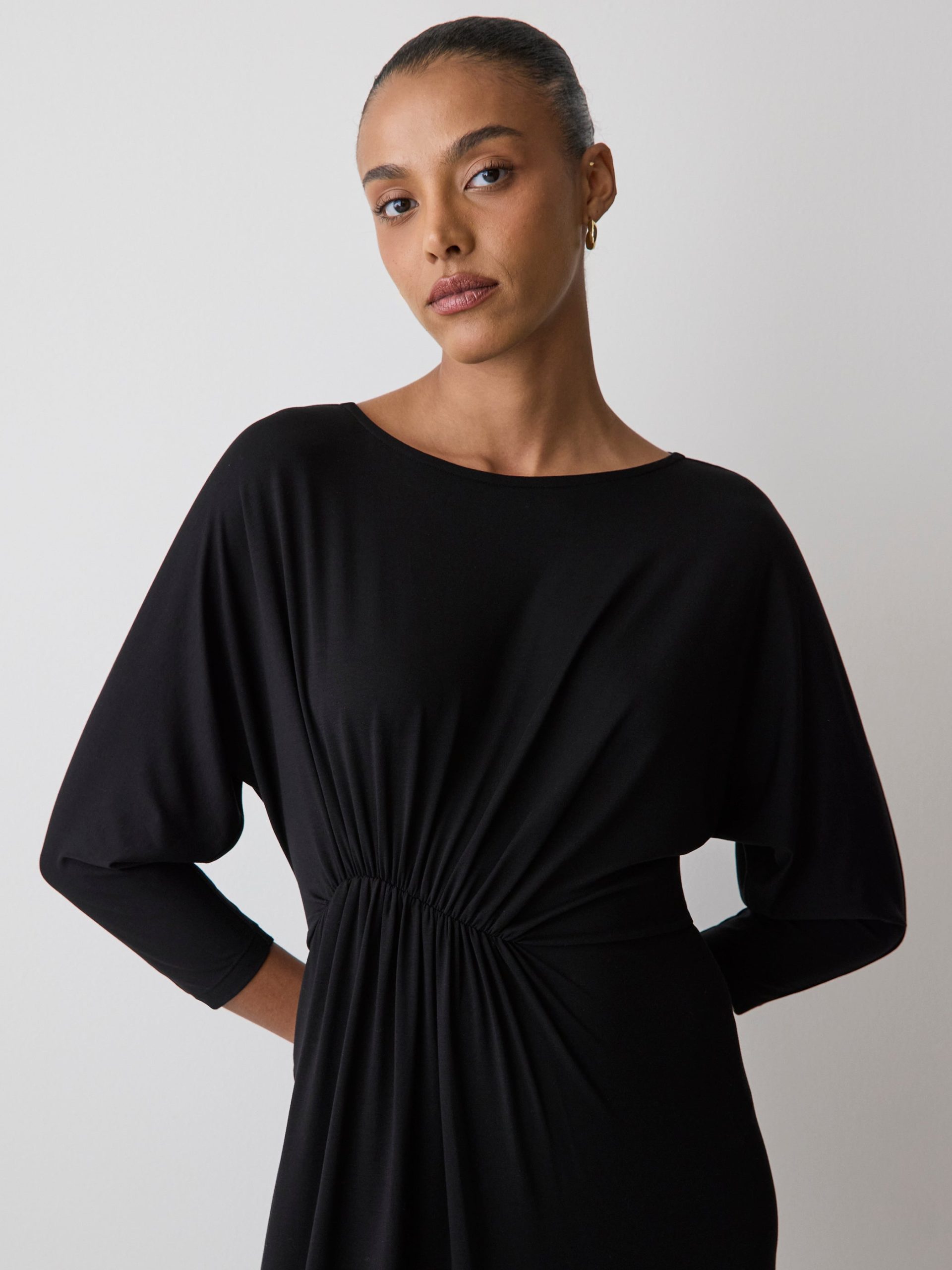Black 3/4-Sleeve Cowl-Neck Dress with Shirred Waist - Image 2