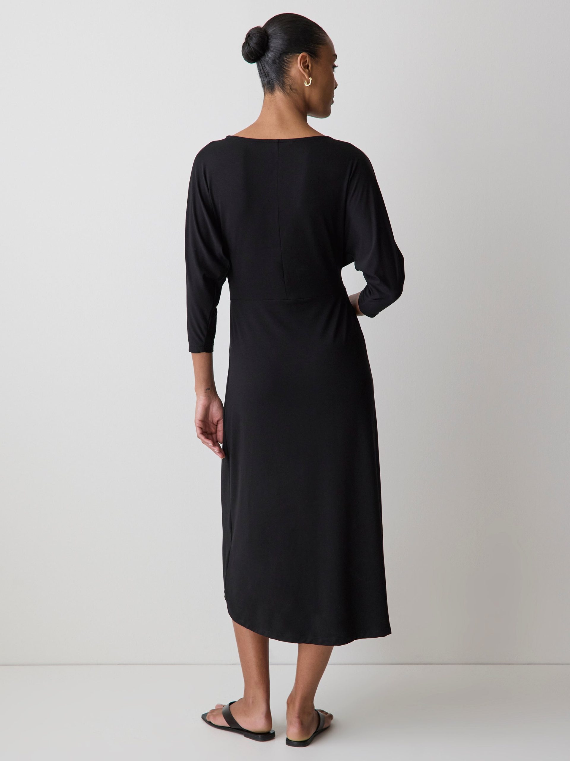 Black 3/4-Sleeve Cowl-Neck Dress with Shirred Waist - Image 3