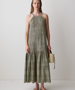 Mulled Basil Sleeveless Halter Maxi Dress with Eyelets
