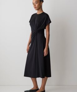 Black Short-Sleeve Crew-Neck Midi Dress with Draped Detail
