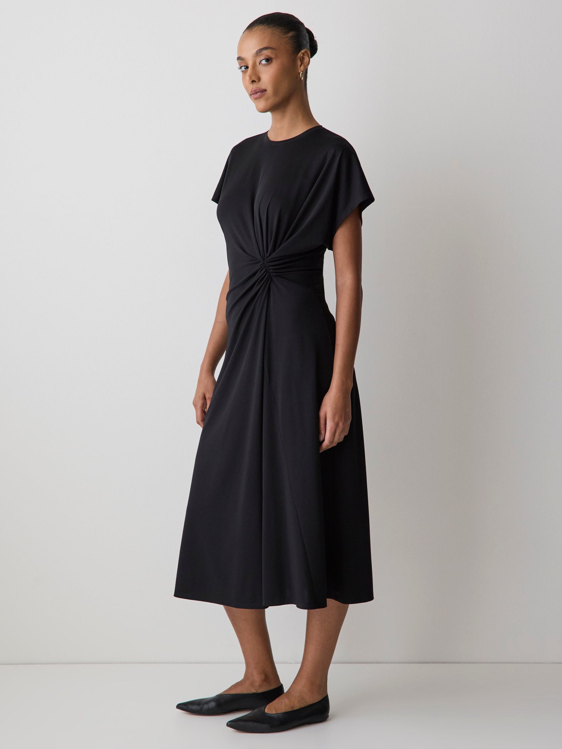 Black Short-Sleeve Crew-Neck Midi Dress with Draped Detail